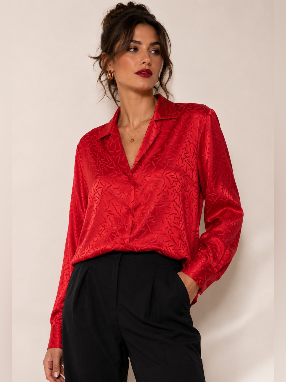 VINTAGE 90s Made USA Red Satin Jacquard Power Blouse Office Siren Size 38